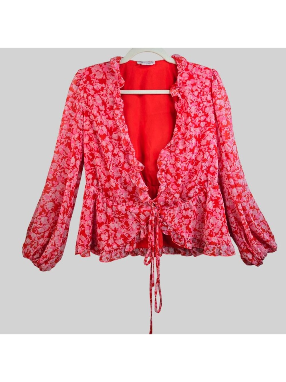 Lovers + Friends Front Tie Blouse Top XS Red Floral Long Sleeve Coquette Cottage